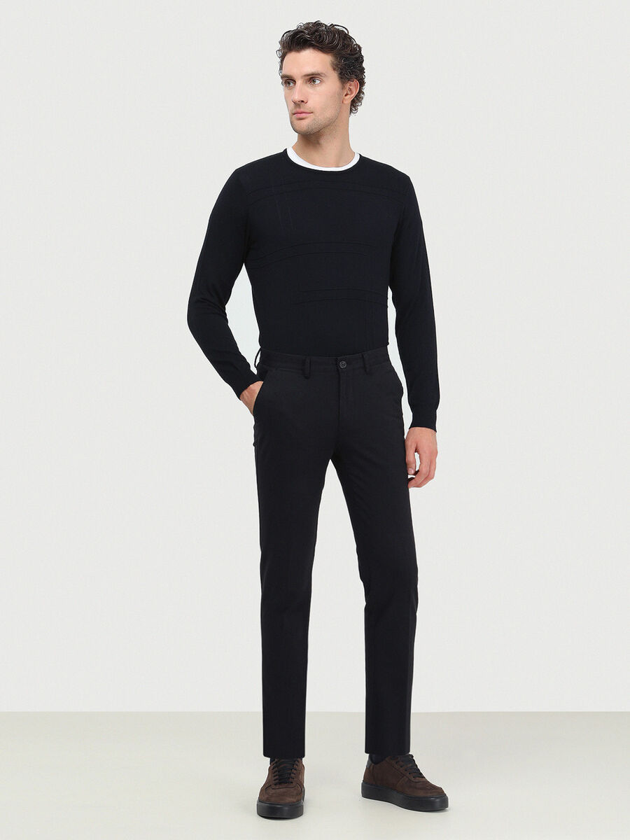 Siyah Düz Dokuma Slim Fit Smart Casual Pamuk Karışımlı Pantolon