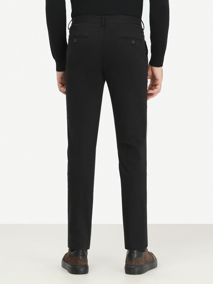 Siyah Düz Dokuma Slim Fit Smart Casual Pamuk Karışımlı Pantolon
