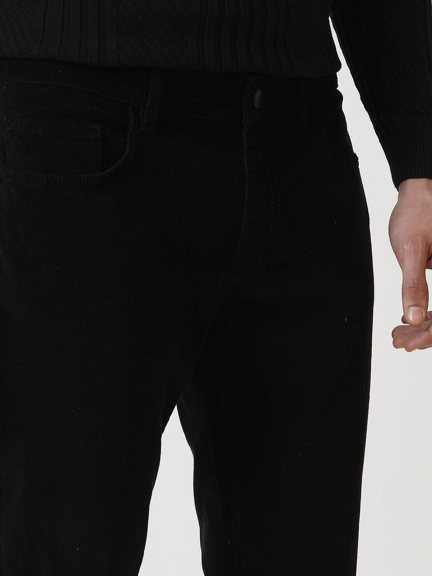 Siyah Dokuma Regular Fit Kadife Casual Pamuk Karışımlı Pantolon - Thumbnail