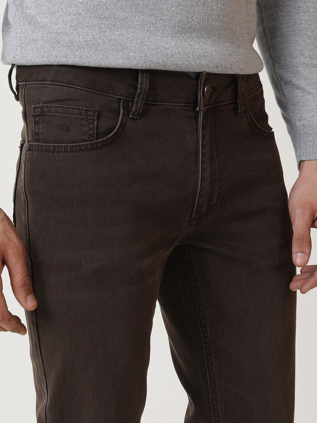Kahverengi Düz Slim Fit Denim Pamuk Karışımlı Pantolon