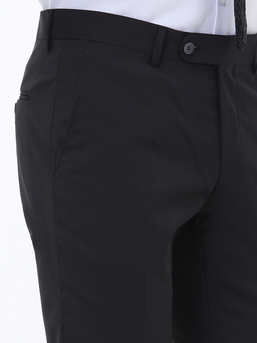 Siyah Düz Dokuma Slim Fit Klasik Yün Karışımlı Pantolon