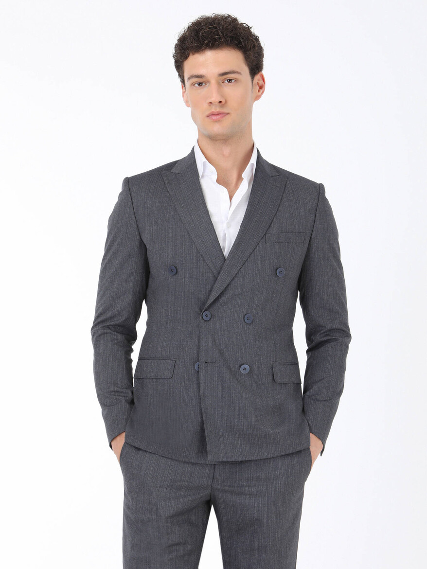 İndigo Desenli Slim Fit Takım Elbise - 1