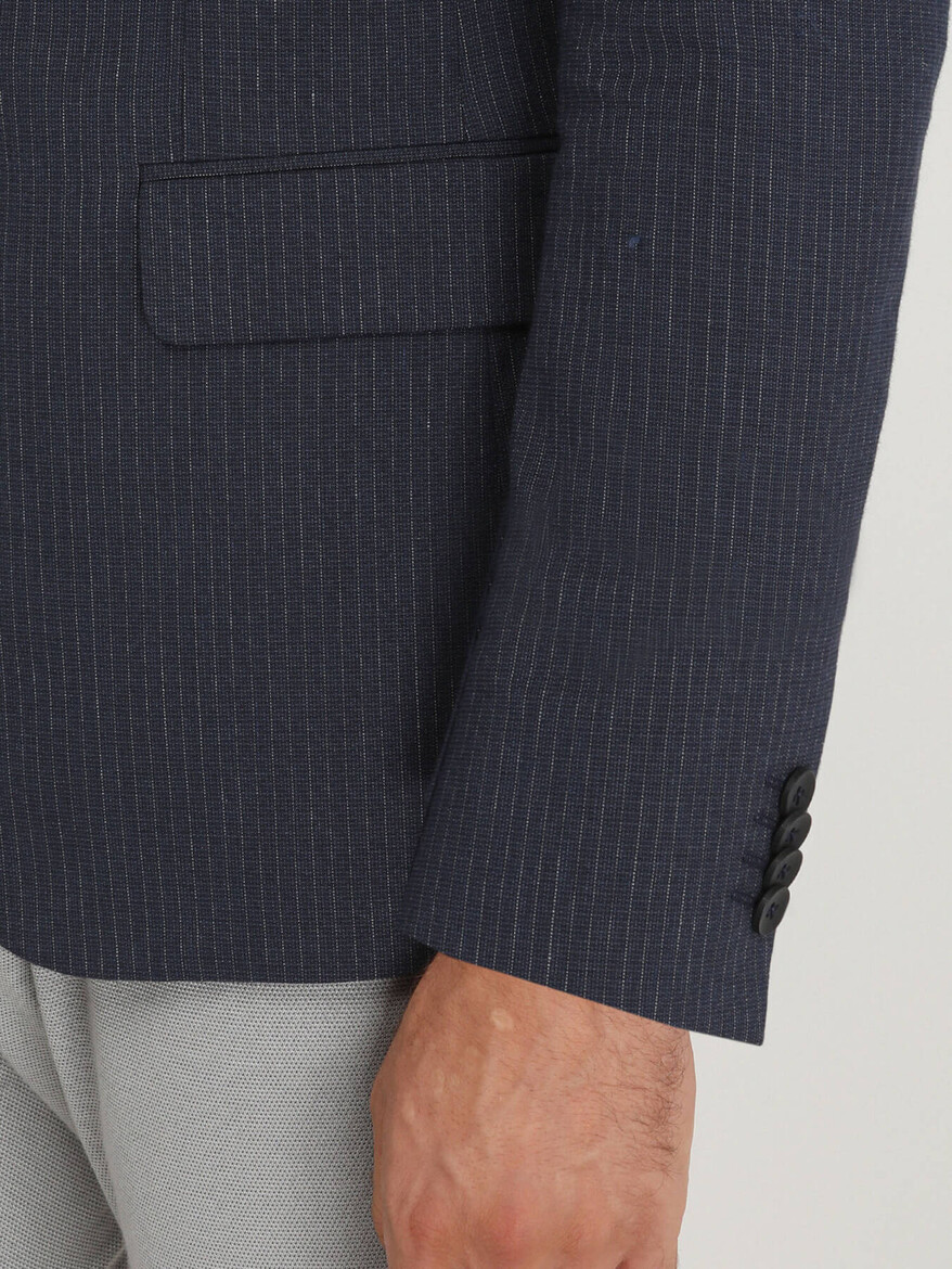 Lacivert Çizgili Modern Fit Pamuk Karışımlı Takım Elbise - Thumbnail