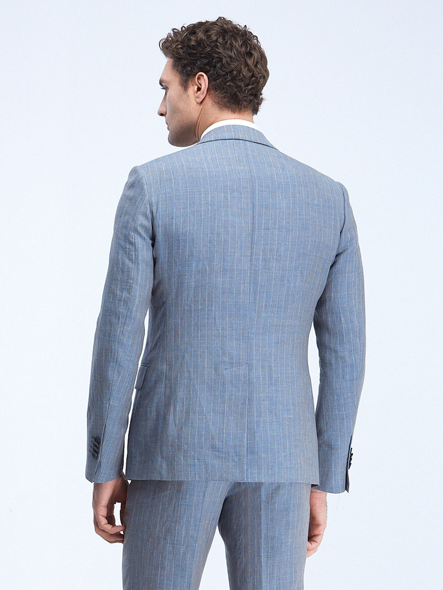Mavi Çizgili Modern Fit %100 Keten Takım Elbise - Thumbnail