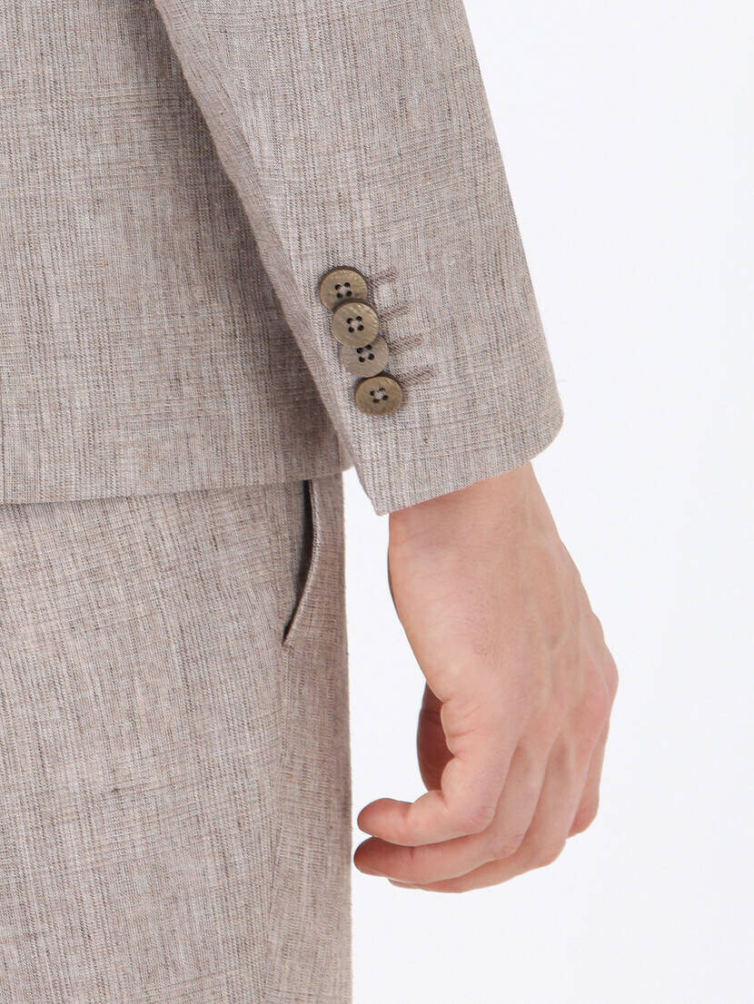 Vizon Kareli Slim Fit Keten Karışımlı Takım Elbise - Thumbnail