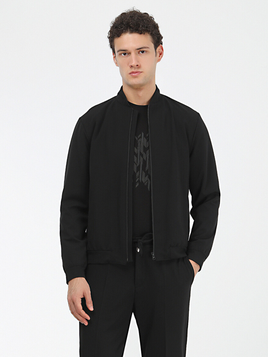 Siyah Düz Modern Fit Örme Takım Elbise - Thumbnail