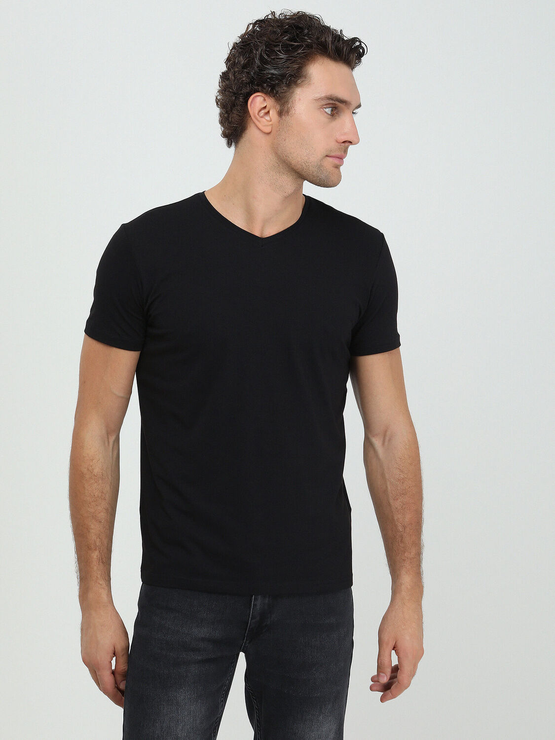 Siyah Pamuk Karışımlı T-Shirt