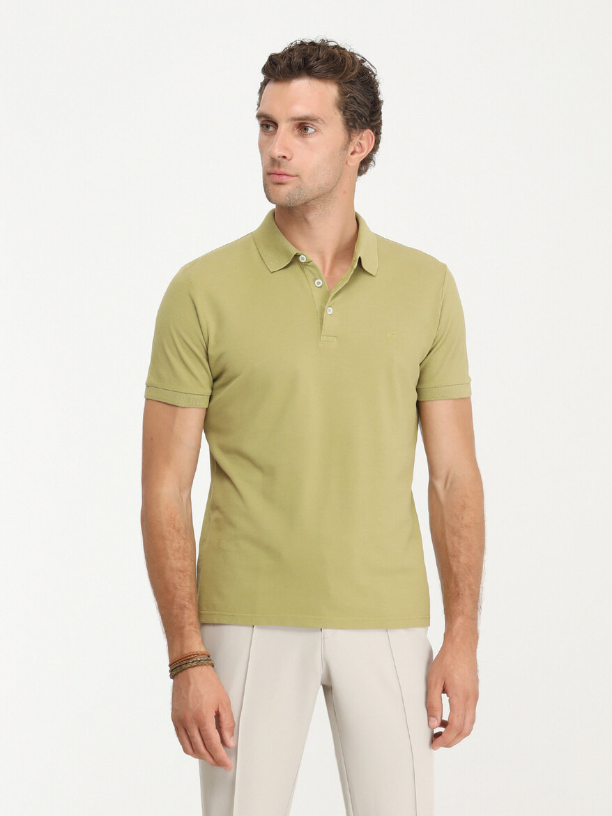 Yağ Yeşili Düz Polo Yaka %100 Pamuk T-Shirt - Thumbnail