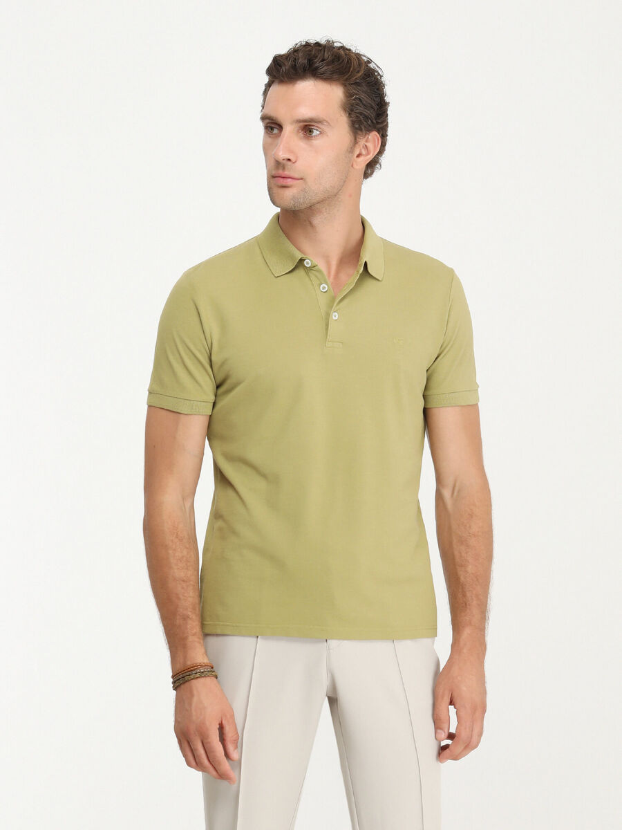 Yağ Yeşili Düz Polo Yaka %100 Pamuk T-Shirt