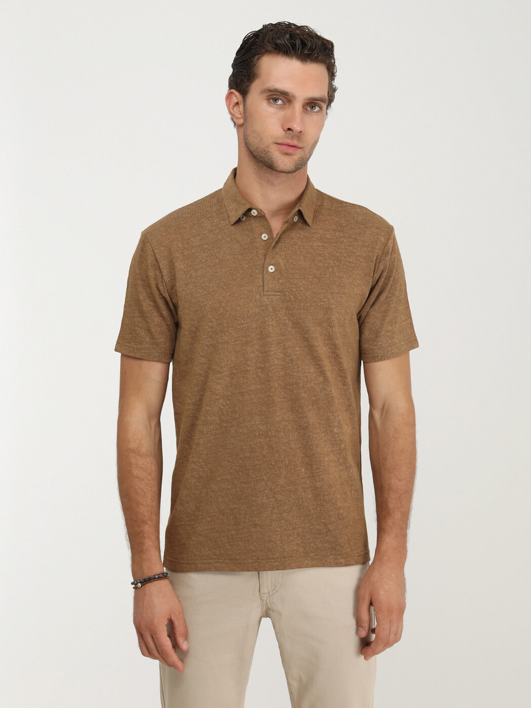 Kahverengi Düz Polo Yaka Pamuk Karışımlı T-Shirt - Thumbnail