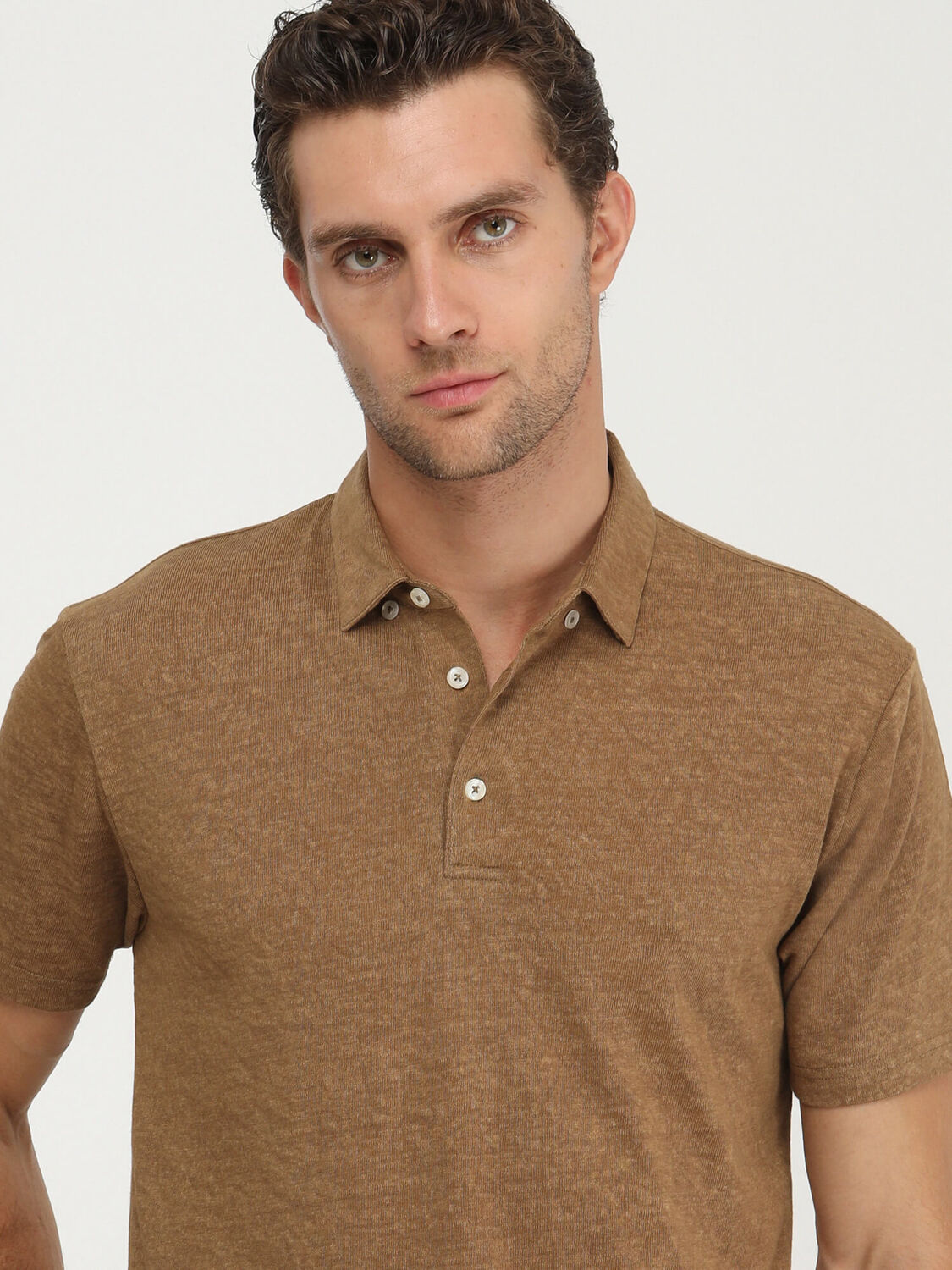 Kahverengi Düz Polo Yaka Pamuk Karışımlı T-Shirt
