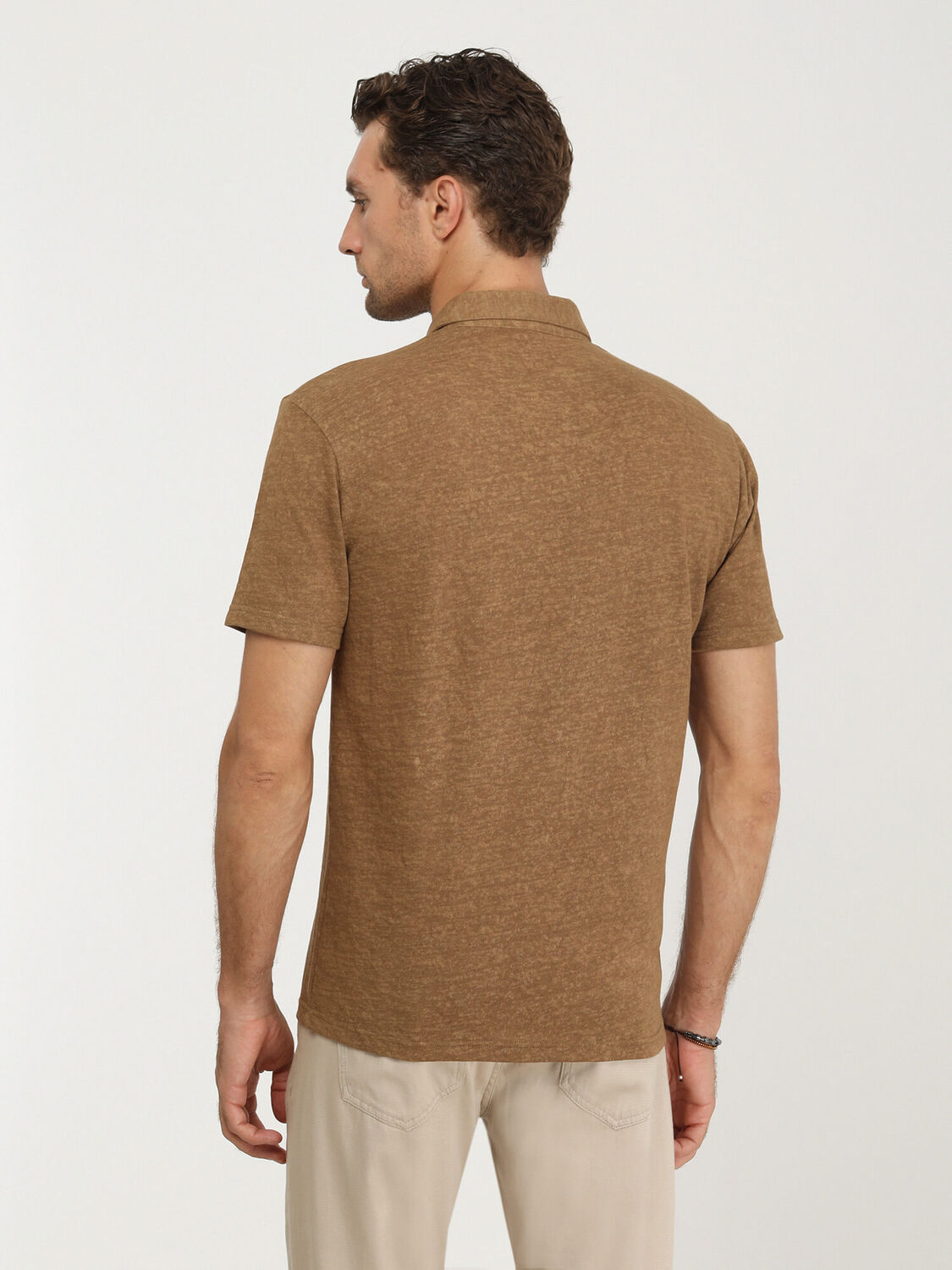 Kahverengi Düz Polo Yaka Pamuk Karışımlı T-Shirt