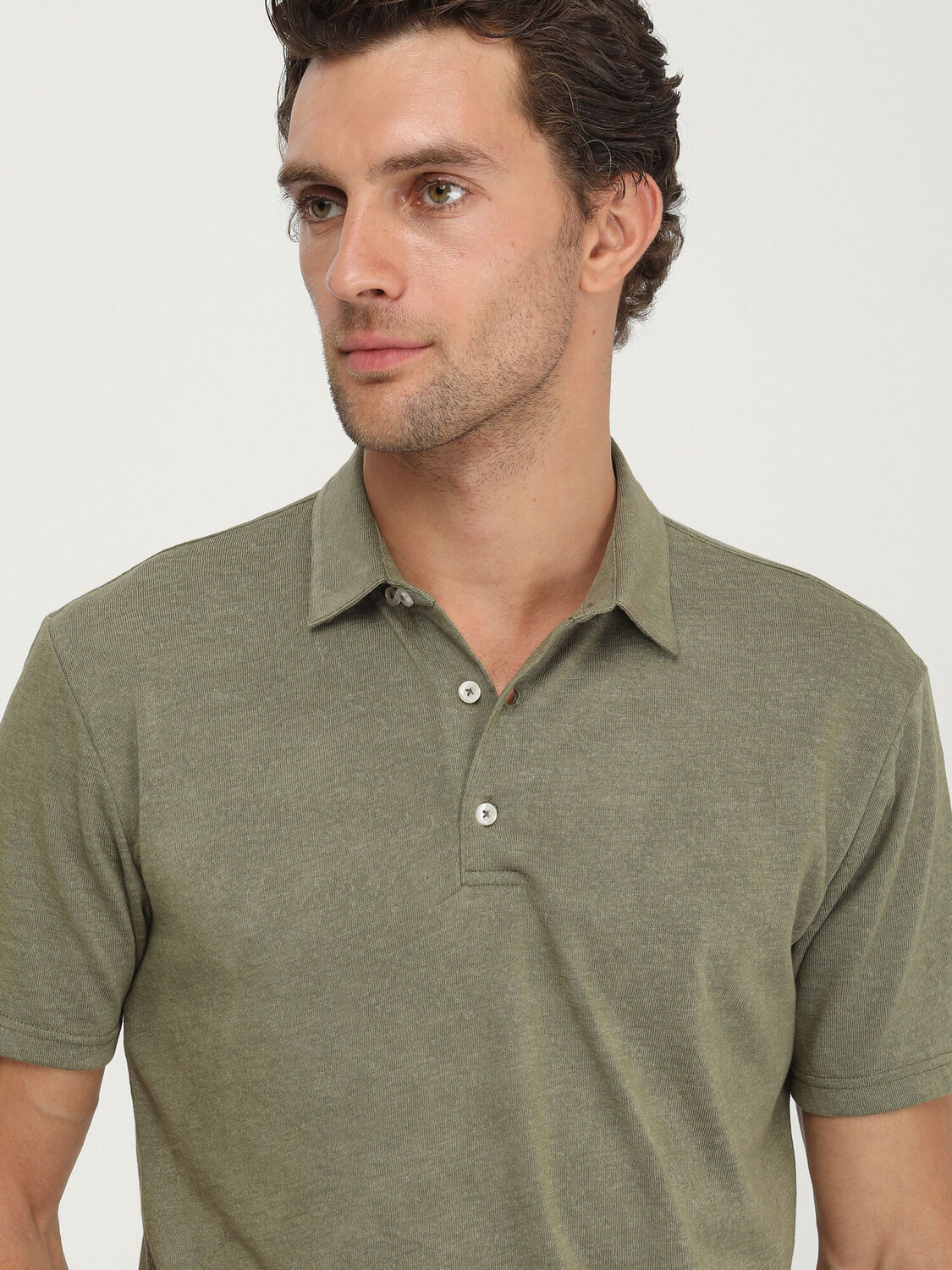 Yağ Yeşili Düz Polo Yaka Pamuk Karışımlı T-Shirt