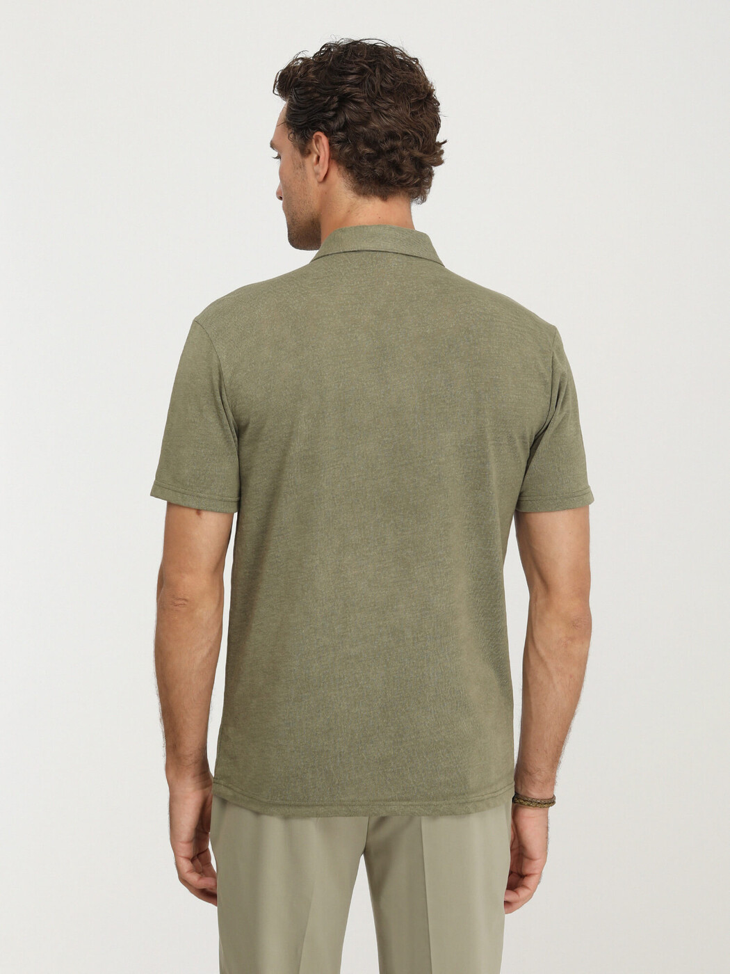 Yağ Yeşili Düz Polo Yaka Pamuk Karışımlı T-Shirt - Thumbnail