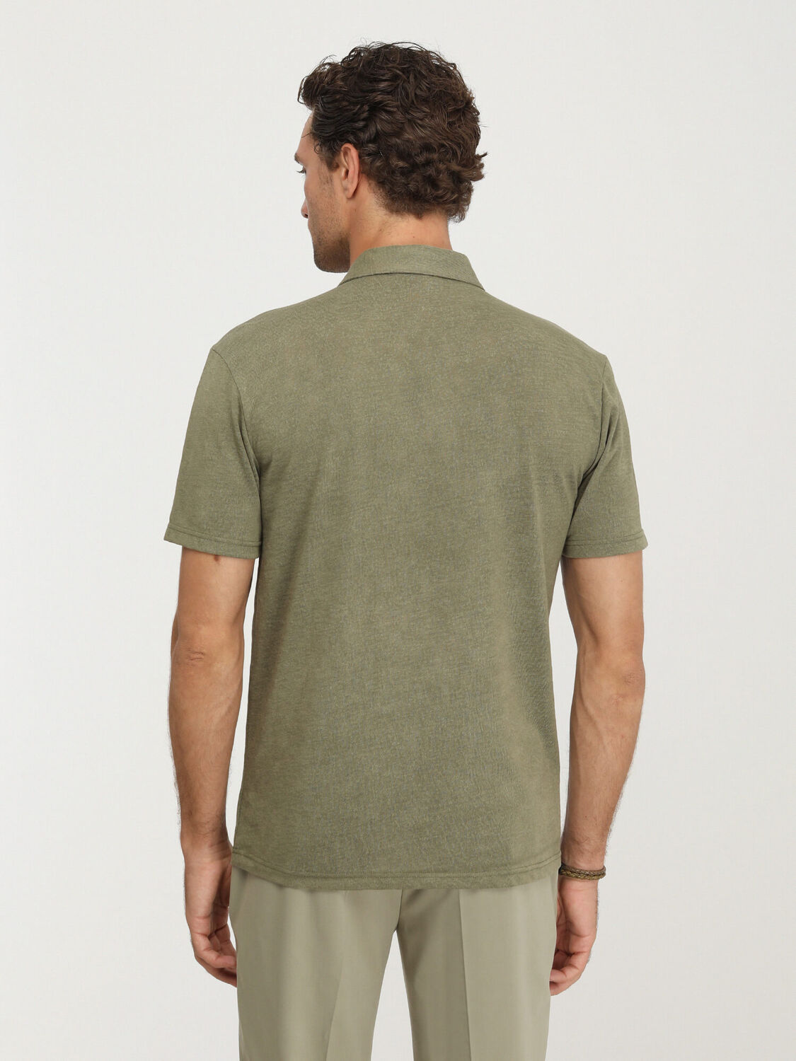 Yağ Yeşili Düz Polo Yaka Pamuk Karışımlı T-Shirt