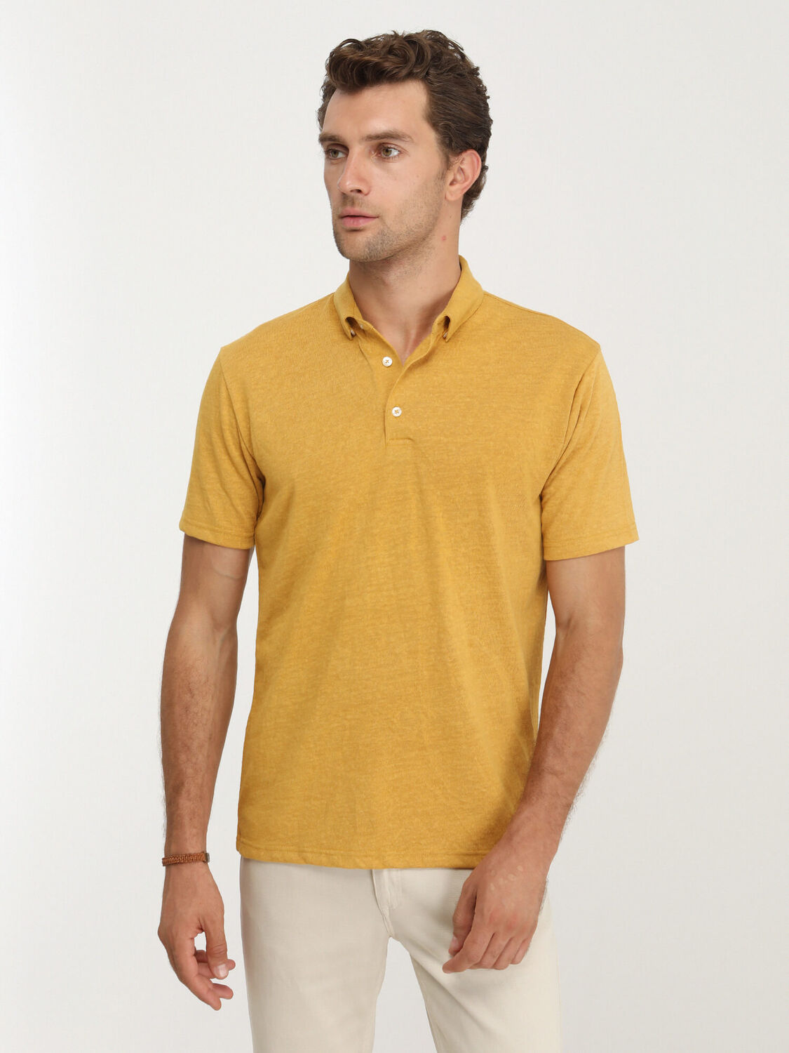 Safran Düz Polo Yaka Pamuk Karışımlı T-Shirt