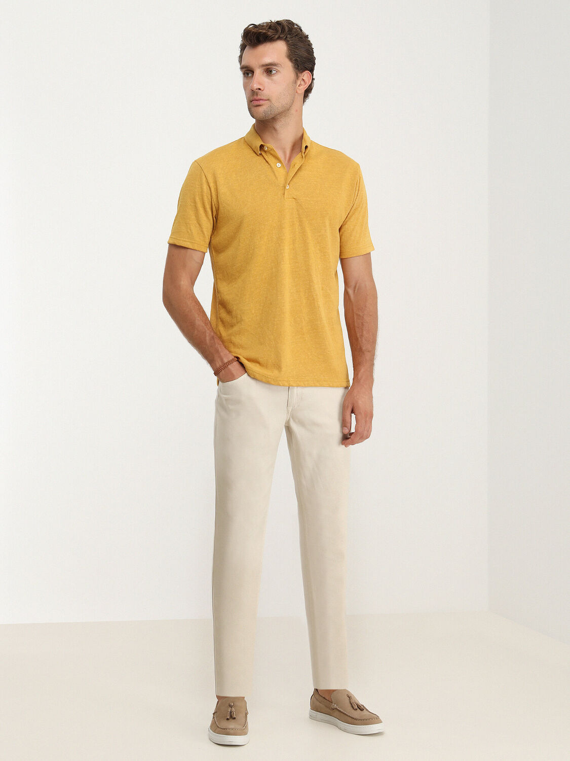 Safran Düz Polo Yaka Pamuk Karışımlı T-Shirt