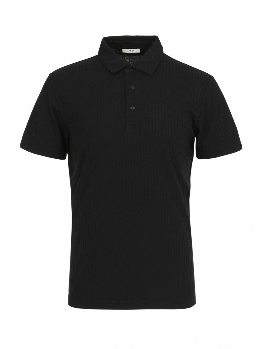 Siyah Jakarlı Polo Yaka %100 Pamuk T-Shirt - Thumbnail