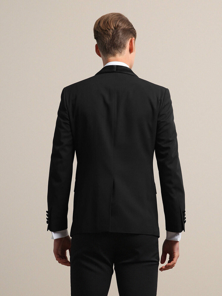 Siyah Slim Fit Çıkarılabilir Şal Yaka Dokuma Smokin Takım Elbise - Thumbnail