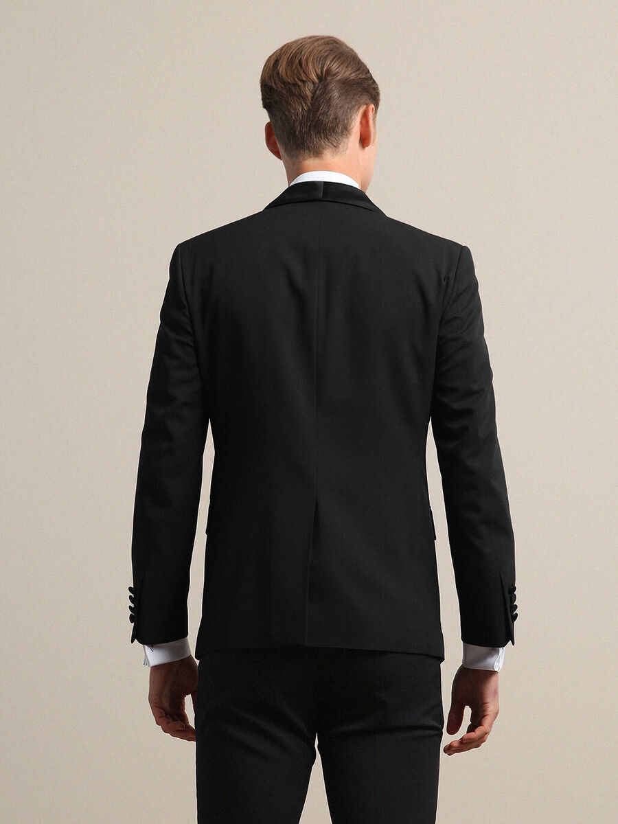 Siyah Slim Fit Çıkarılabilir Şal Yaka Dokuma Smokin Takım Elbise