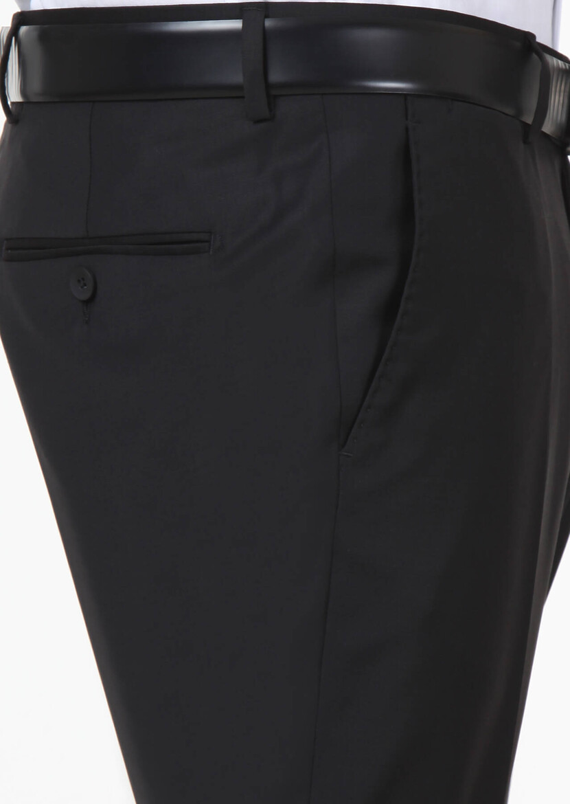 Siyah Düz Dokuma Fitted Fit Klasik Yün Karışımlı Pantolon - Thumbnail