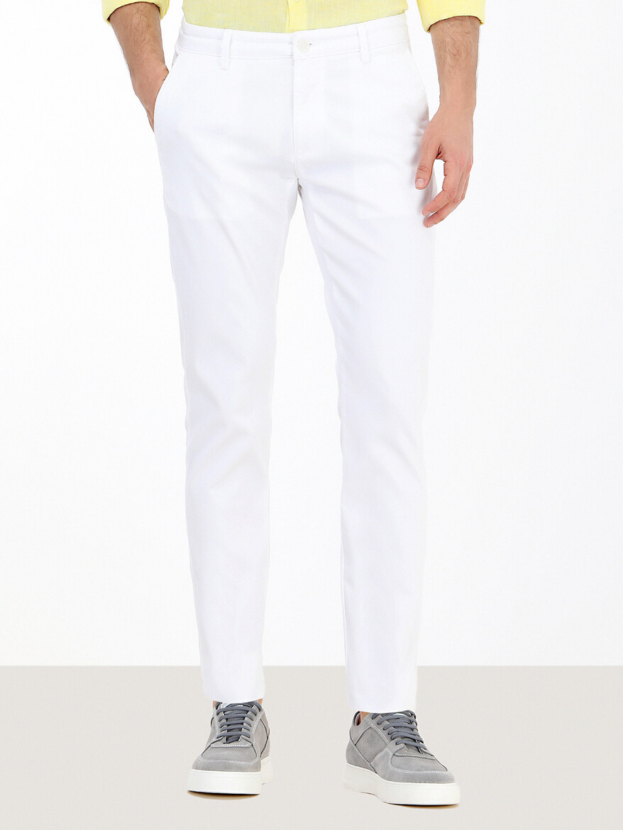 Beyaz Dokuma Slim Fit Casual Pamuk Karışımlı Pantolon - Thumbnail