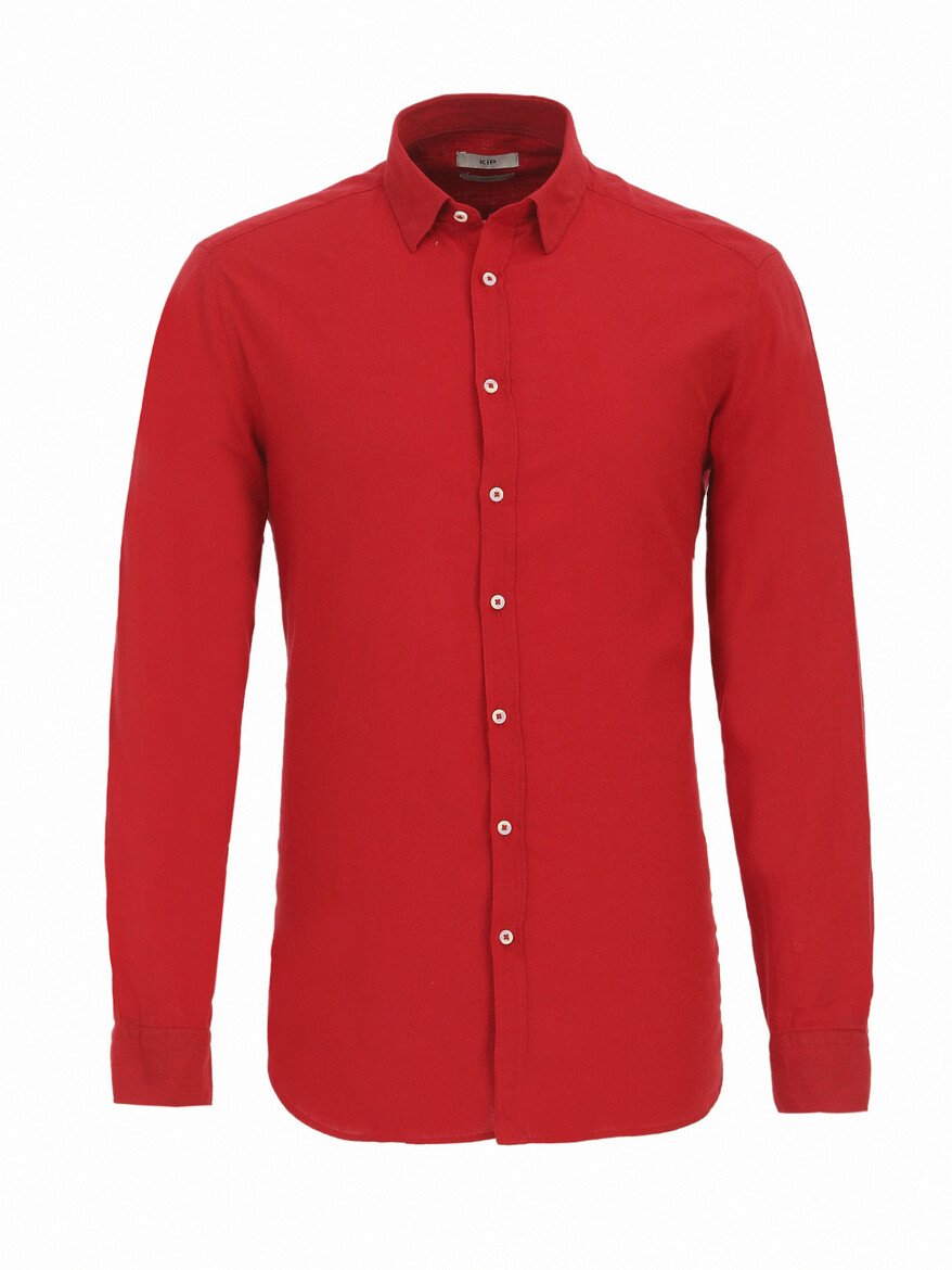 Kırmızı Düz Regular Fit Dokuma Casual %100 Pamuk Gömlek - Thumbnail