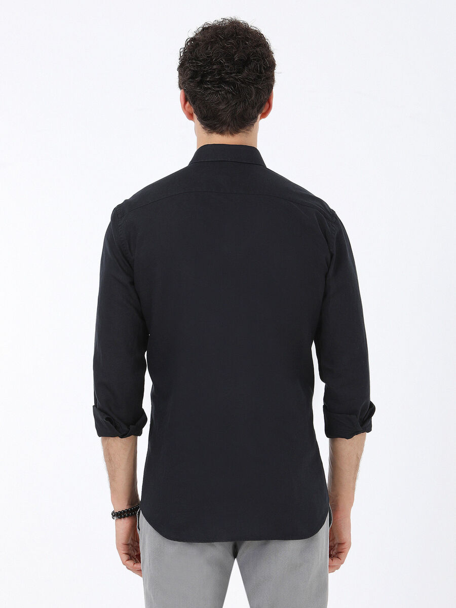 Siyah Düz Regular Fit Dokuma Casual Pamuk Karışımlı Gömlek