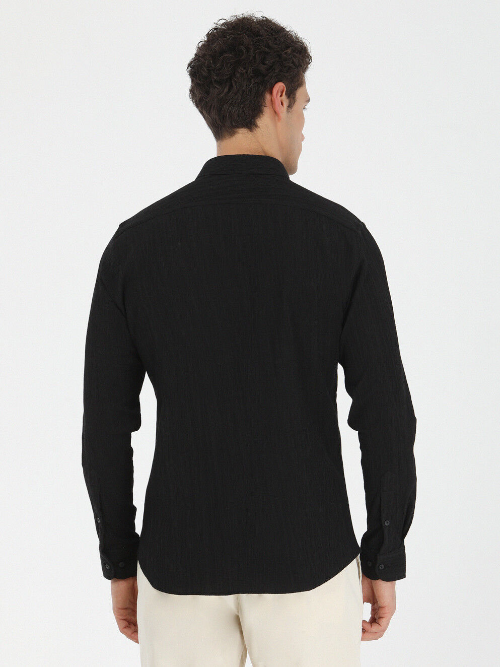 Siyah Düz Slim Fit Dokuma Casual Pamuk Karışımlı Gömlek