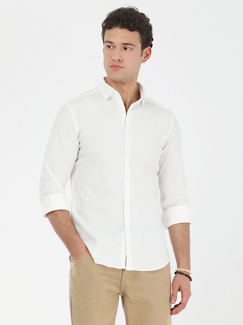 Beyaz Düz Slim Fit Dokuma Casual Pamuk Karışımlı Gömlek