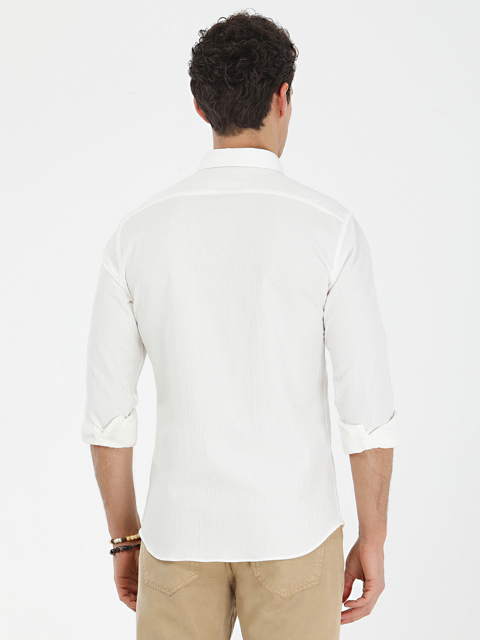 Beyaz Düz Slim Fit Dokuma Casual Pamuk Karışımlı Gömlek - Thumbnail