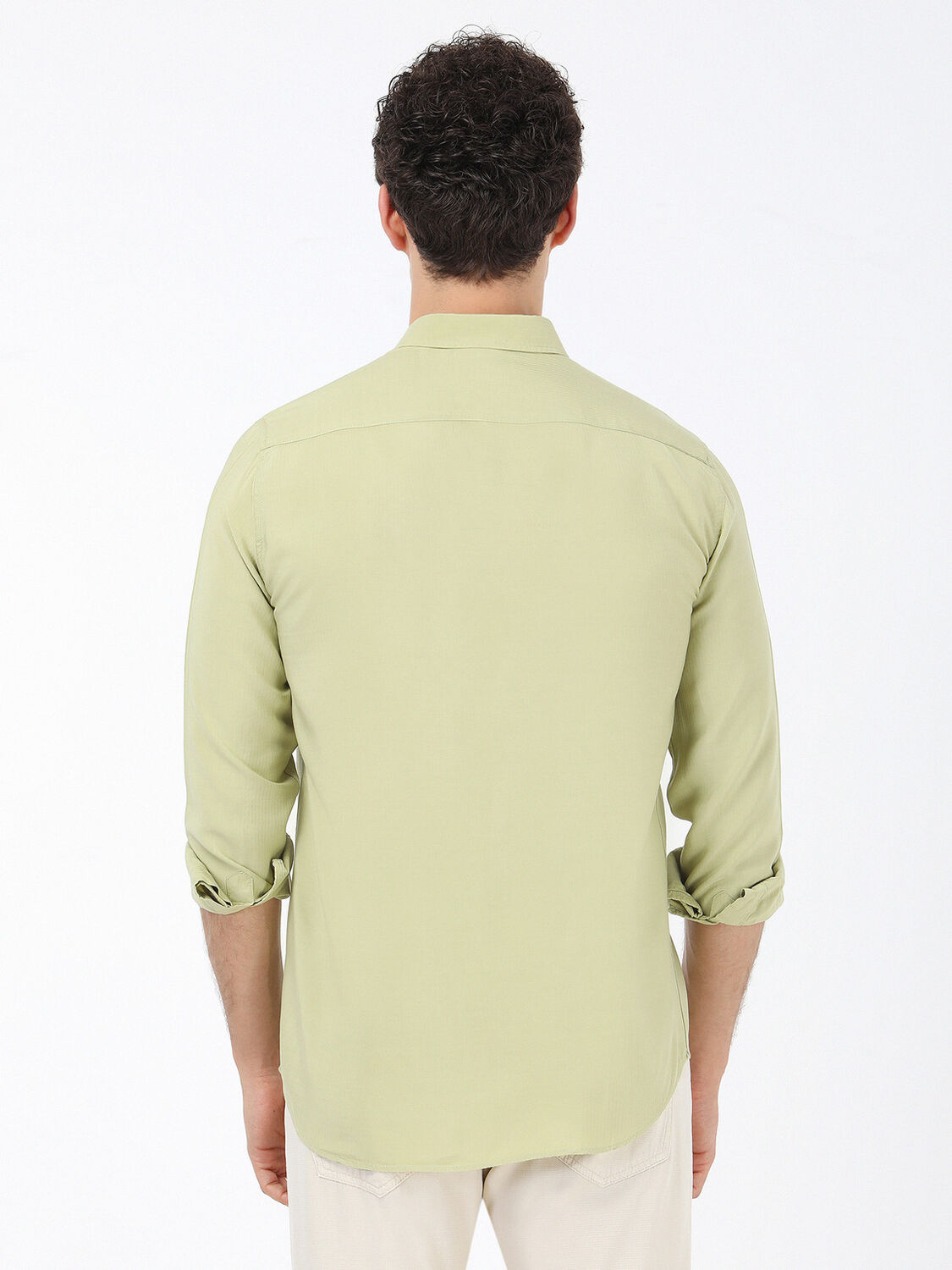 Yağ Yeşili Çizgili Regular Fit Dokuma Casual Gömlek