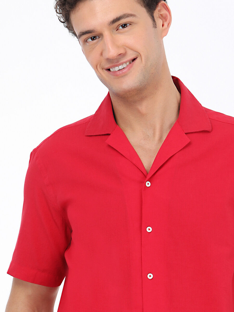 Kırmızı Desenli Regular Fit Dokuma Casual %100 Pamuk Gömlek
