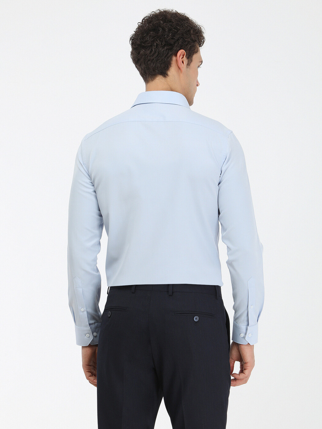 Açık Mavi Düz Slim Fit Dokuma Klasik Pamuk Karışımlı Gömlek - Thumbnail