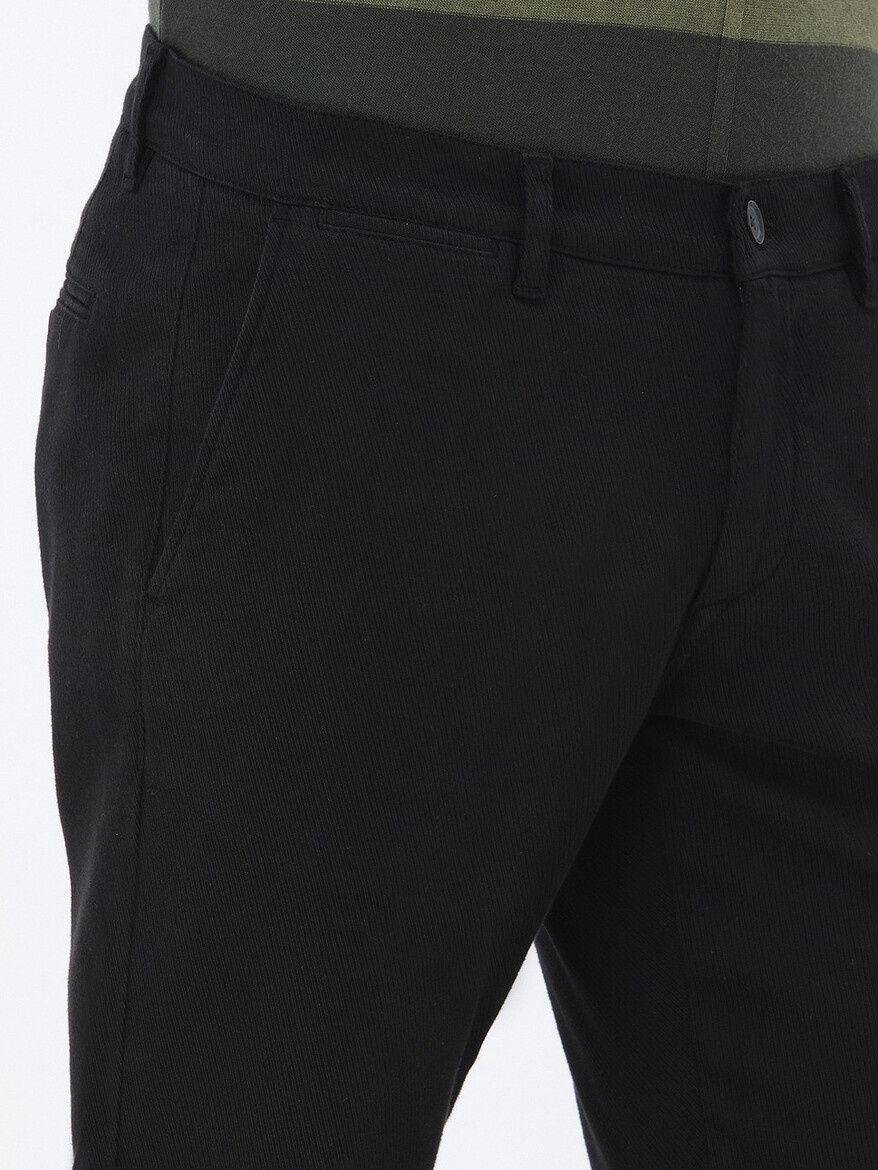 Siyah Dokuma Slim Fit Smart Casual Pamuk Karışımlı Pantolon - Thumbnail