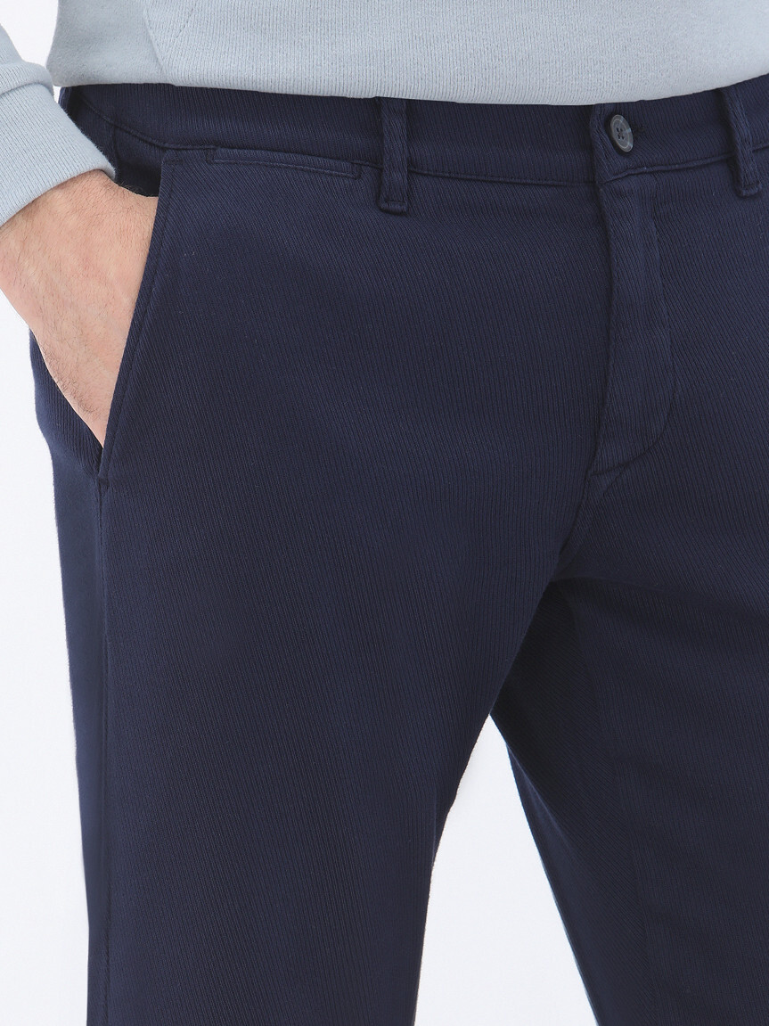 Lacivert Dokuma Slim Fit Smart Casual Pamuk Karışımlı Pantolon - Thumbnail