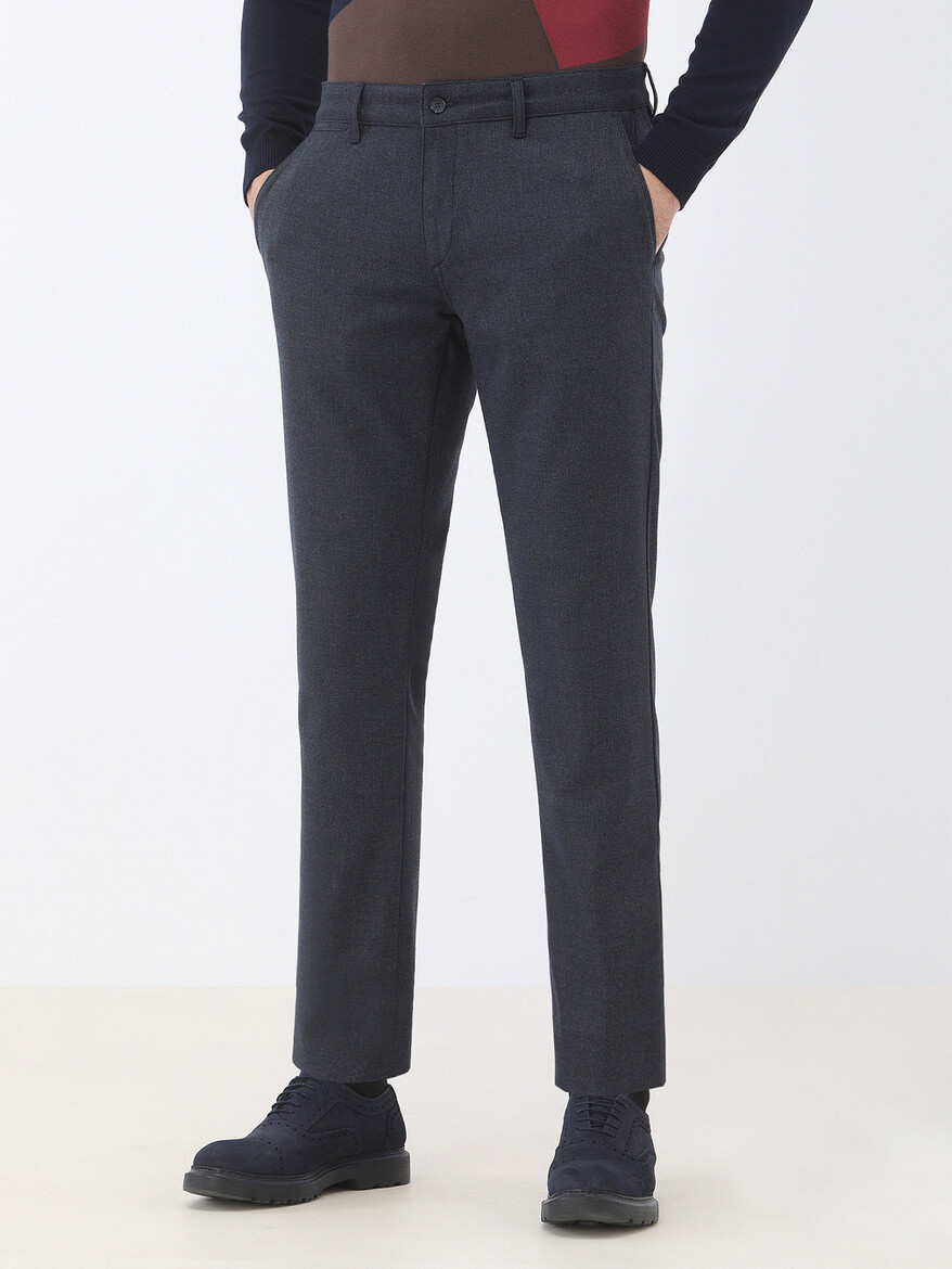 Lacivert Dokuma Slim Fit Smart Casual Pantolon - Thumbnail