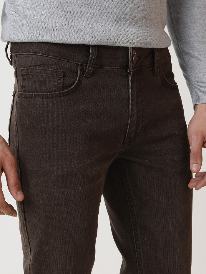 Kahverengi Düz Slim Fit Denim Pamuk Karışımlı Pantolon - Thumbnail