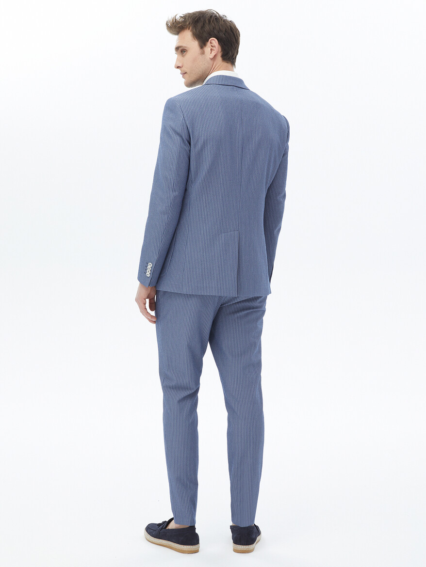 Koyu Mavi Çizgili Modern Fit Takım Elbise - Thumbnail