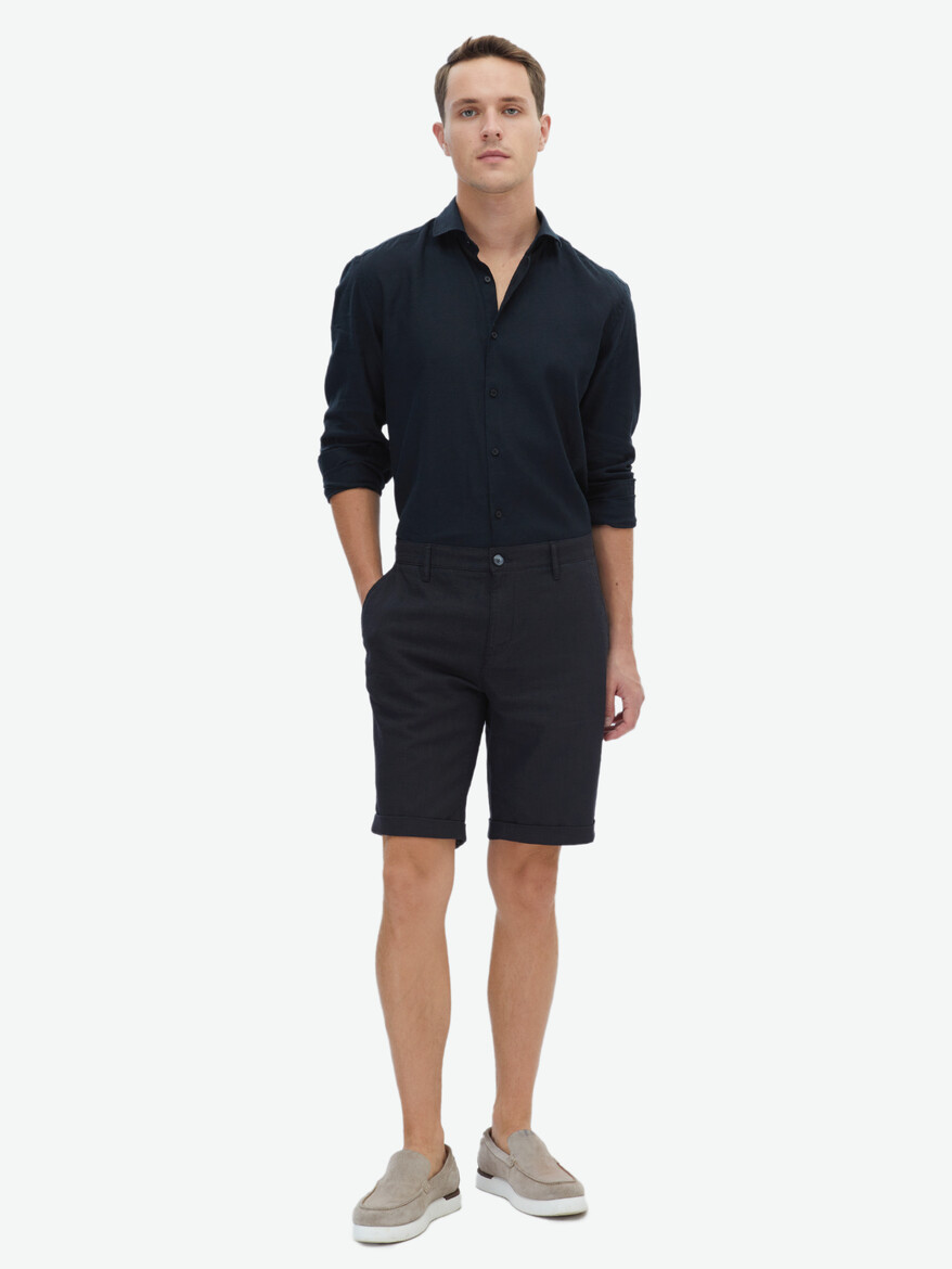 Siyah Dokuma Slim Fit Casual Bermuda - Thumbnail