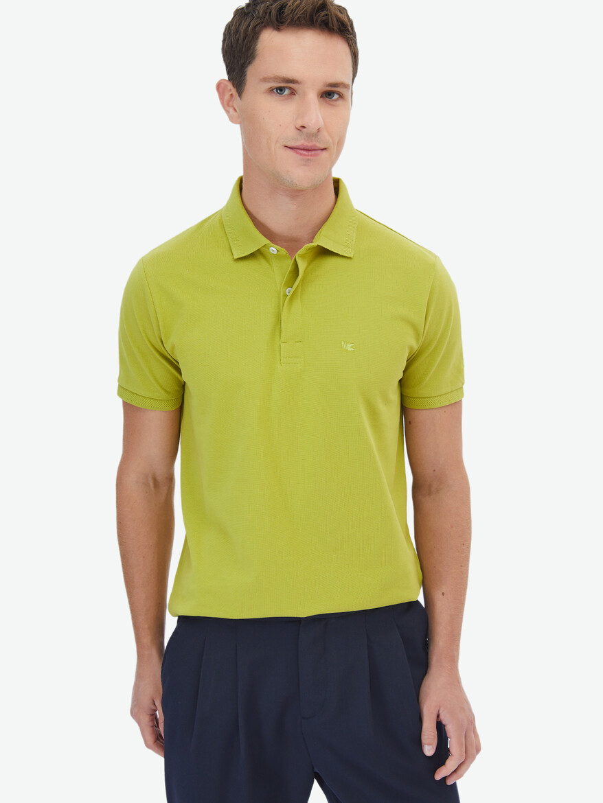 Yağ Yeşili Polo Yaka %100 Pamuk T-Shirt - Thumbnail