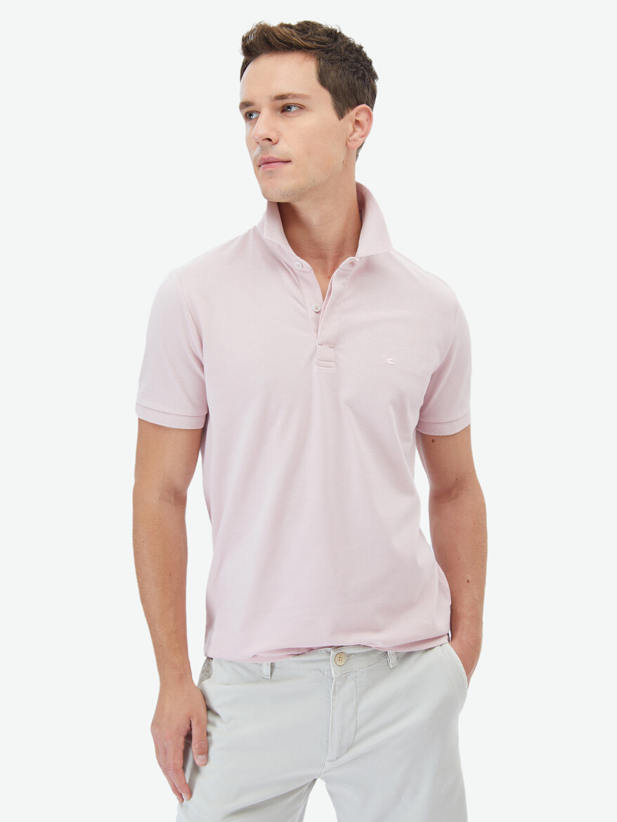 Pembe Polo Yaka %100 Pamuk T-Shirt - Thumbnail