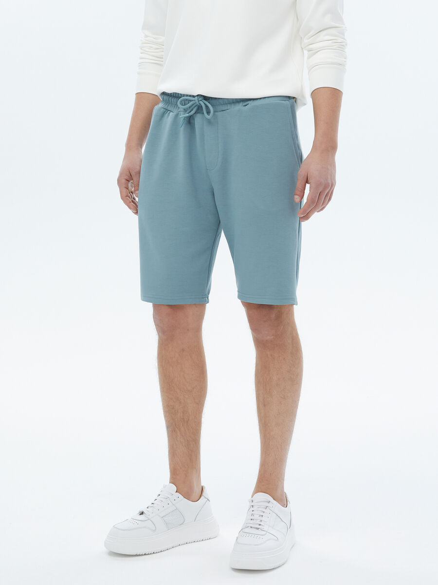 Mavi Düz Örme Jogging Fit Casual Bermuda