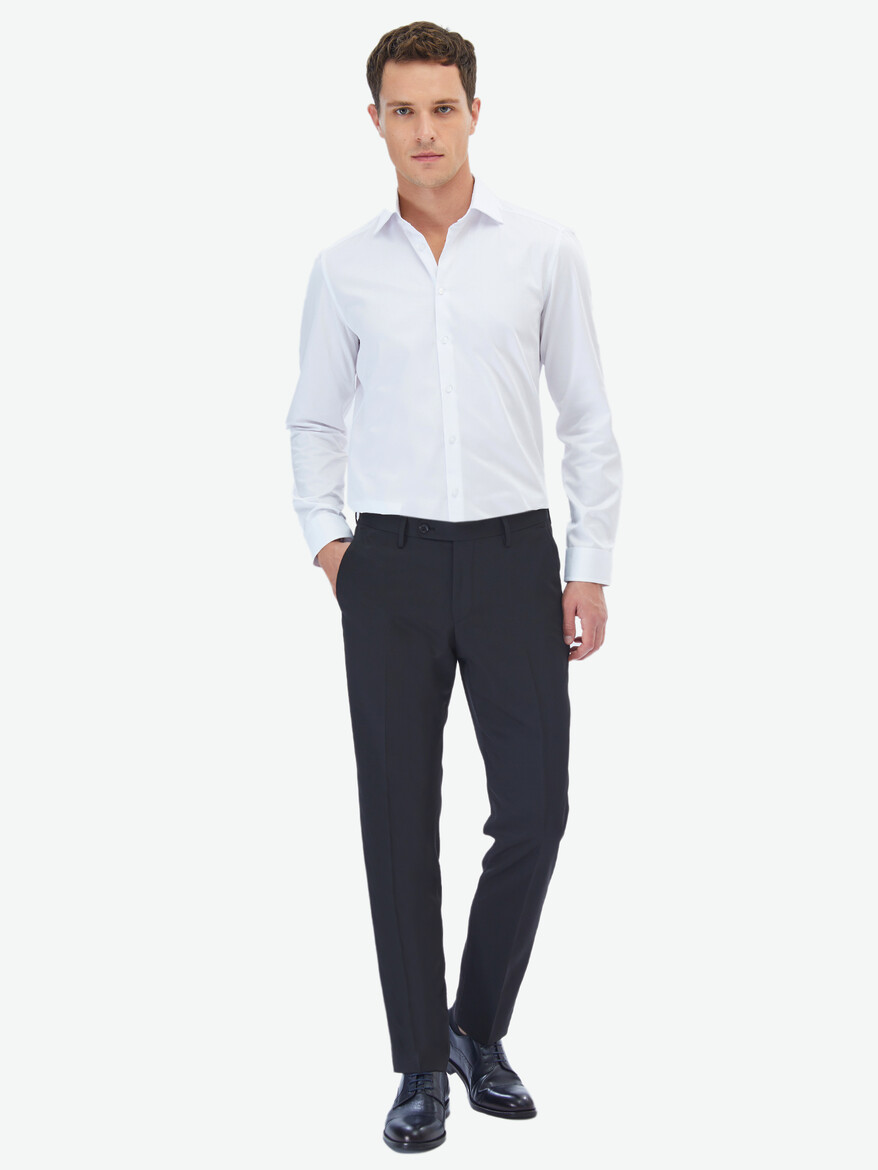 Beyaz Düz Slim Fit Dokuma Klasik %100 Pamuk Gömlek - Thumbnail