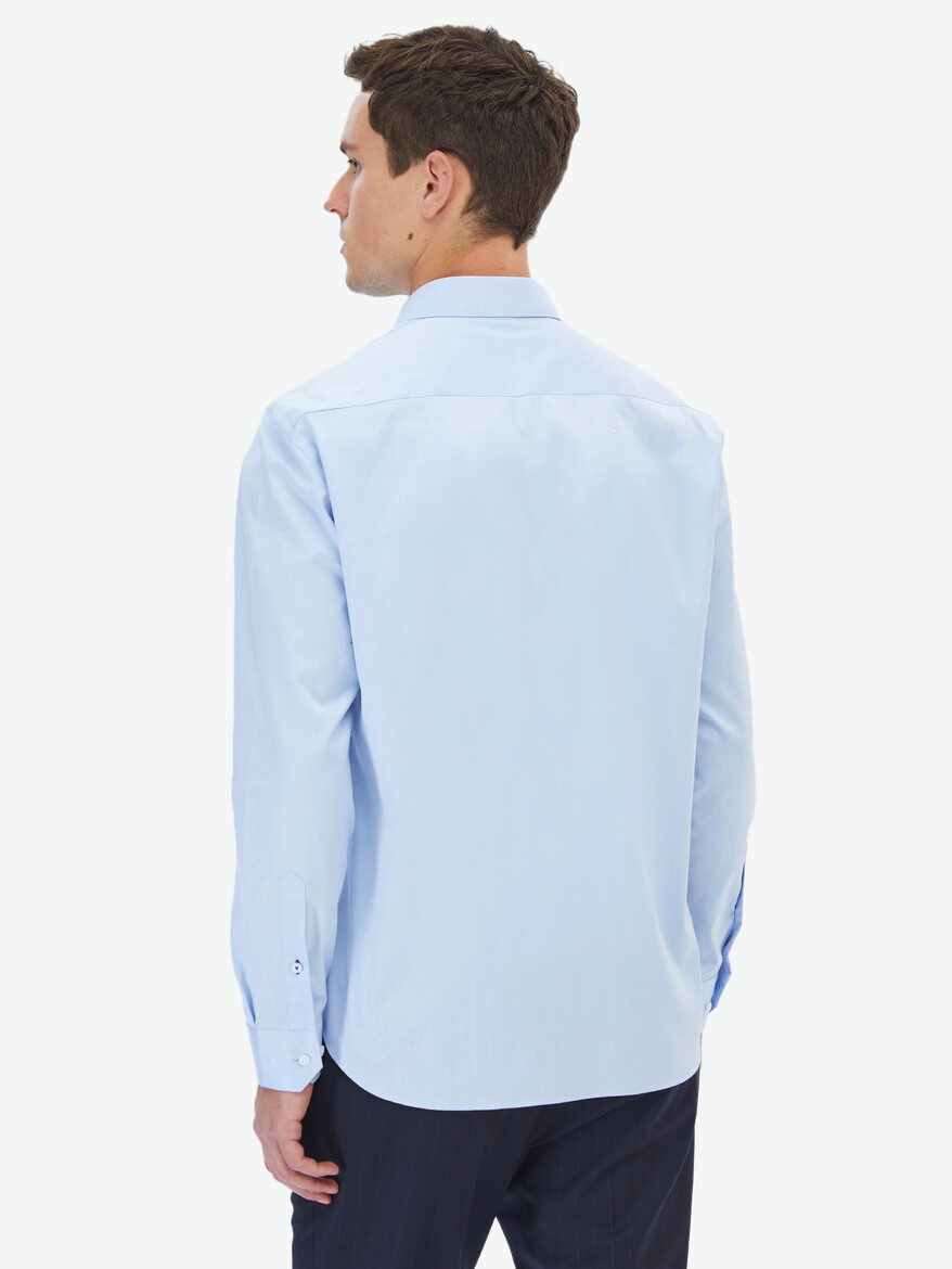 Mavi Düz Regular Fit Dokuma Klasik %100 Pamuk Gömlek - Thumbnail