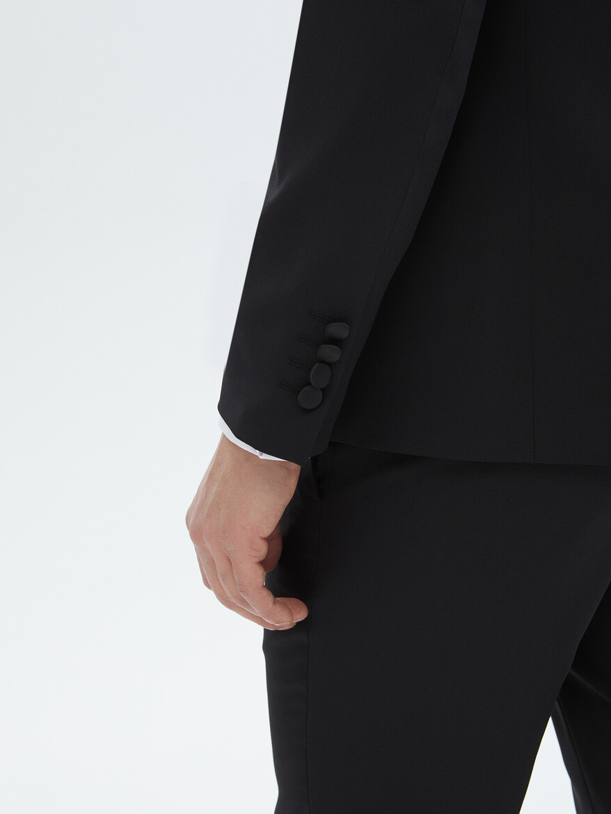 Siyah Düz Slim Fit Çıkarılabilir Kruvaze Yaka Dokuma Smokin Takım Elbise - Thumbnail