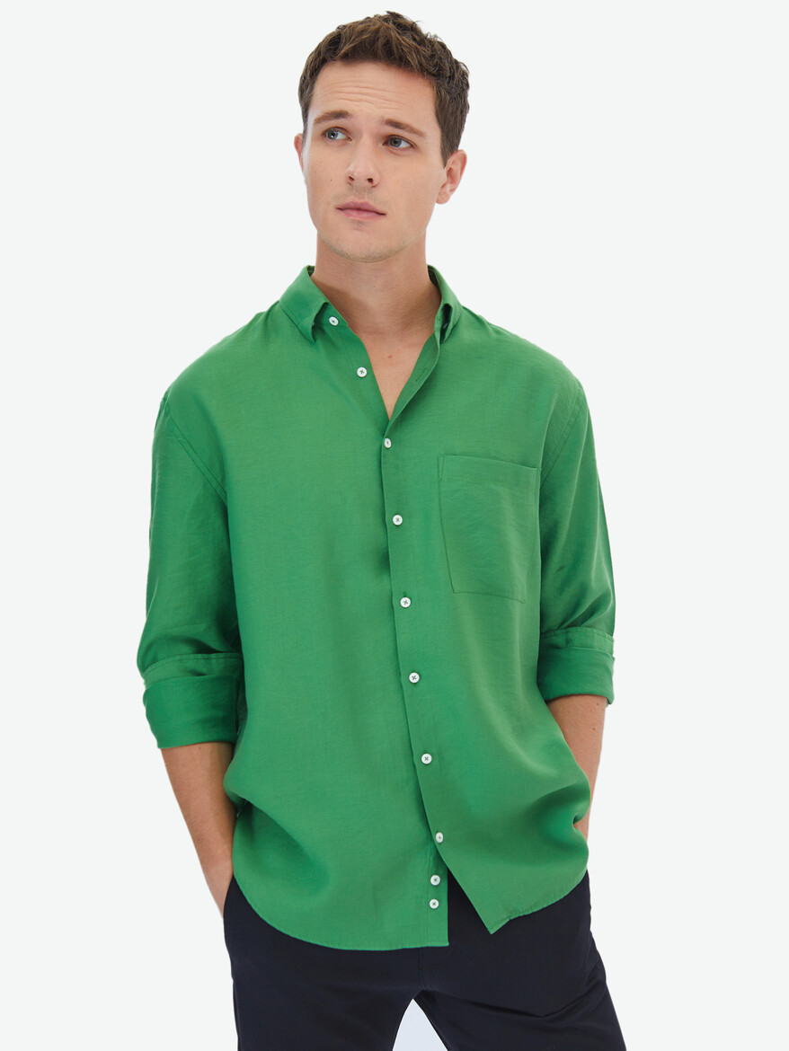 Yeşil Düz Oversize Fit Dokuma Casual Gömlek - Thumbnail