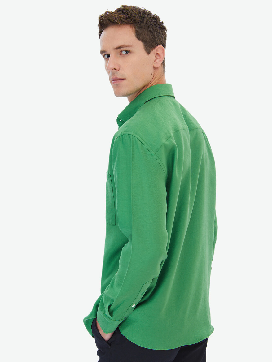 Yeşil Düz Oversize Fit Dokuma Casual Gömlek - Thumbnail