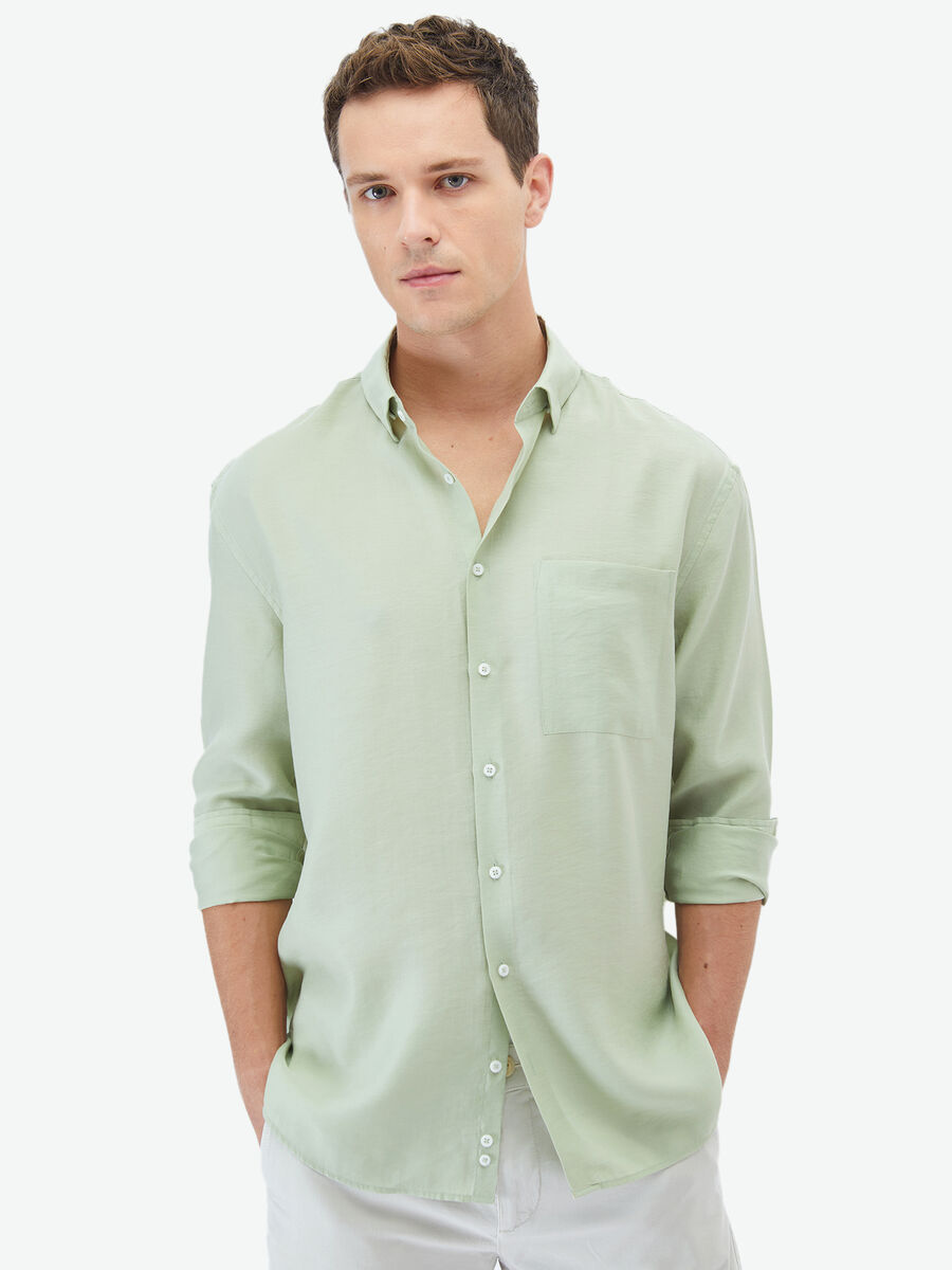 Açık Yeşil Düz Oversize Fit Dokuma Casual Gömlek