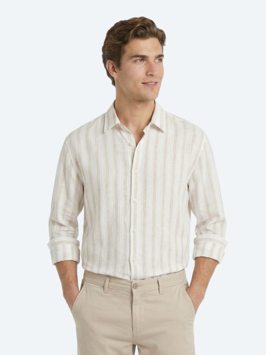 Açık Bej Çizgili Oversize Fit Uzun Dokuma Casual Keten Karışımlı Gömlek - KİP
